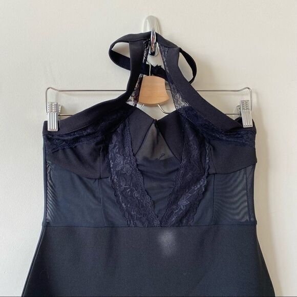 NWT-Black Lace Trim High Neck Sheer Top Bodycon Dress - Picture 7 of 11